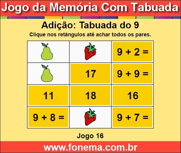 Jogo da Memória Com a Tabuada de Adição do 9