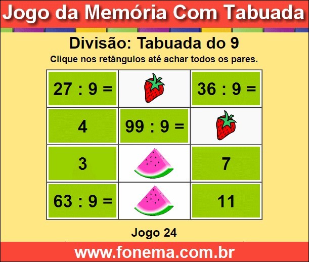 Jogo da Memória Com a Tabuada de Divisão do 9