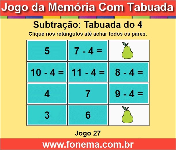 Jogo da Memória Com a Tabuada de Subtração do 4