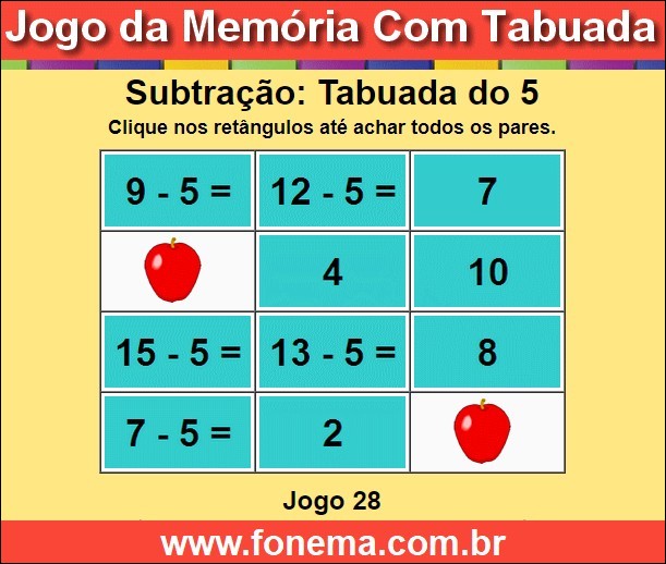 Jogo da Memória Com a Tabuada de Subtração do 5