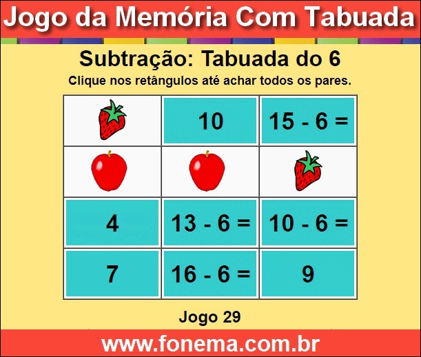 Jogo da Memória Com a Tabuada de Subtração do 6