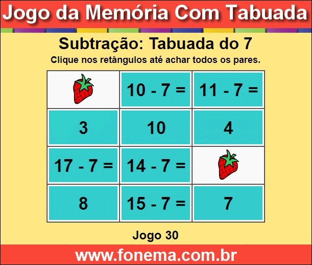 Jogo da Memória Com a Tabuada de Subtração do 7