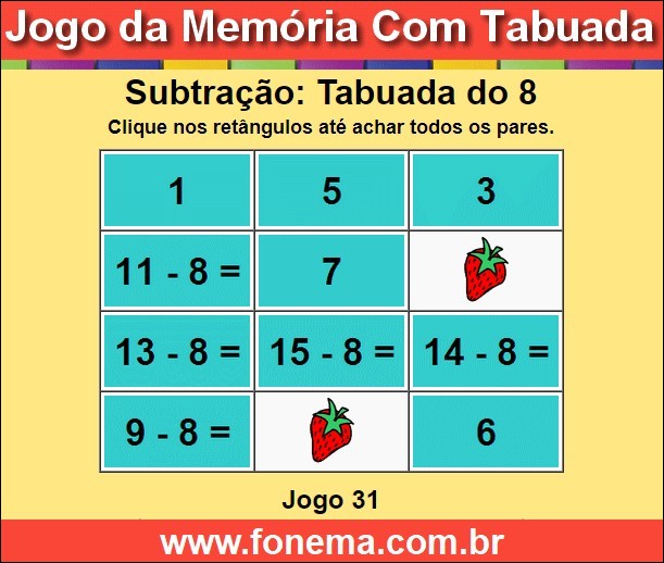 Jogo da Memória Com a Tabuada de Subtração do 8