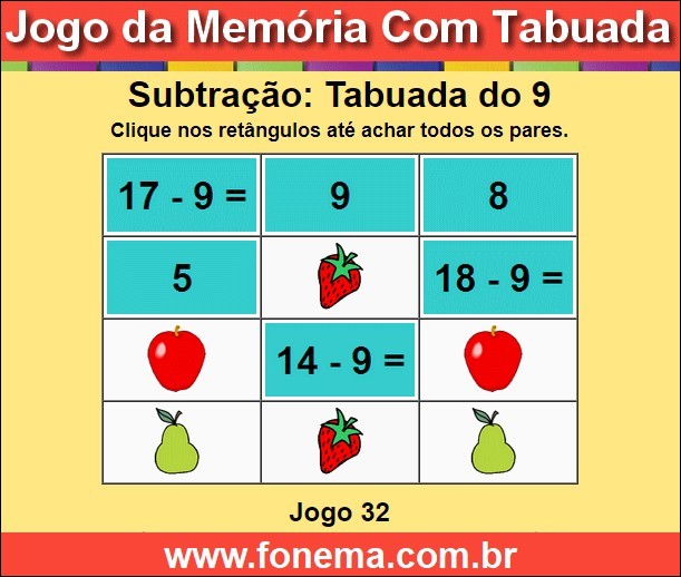 Jogo da Memória Com a Tabuada de Subtração do 9