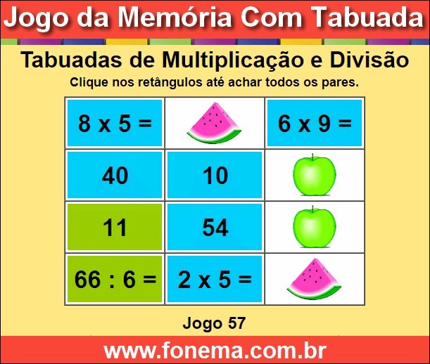 Jogo da Memória Com Tabuadas de Dividir e Multiplicar