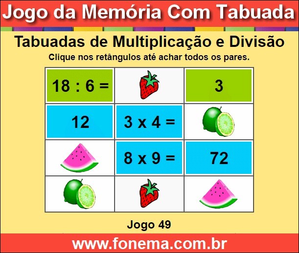 Jogo da Memória Com Tabuadas de Divisão e Multiplicação