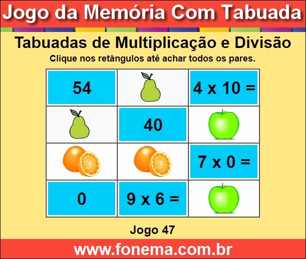 Jogo da Memória Com Tabuadas de Multiplicação e Divisão