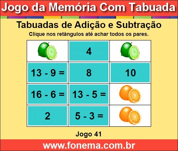 Jogo da Memória Com Tabuadas de Somar e Subtrair