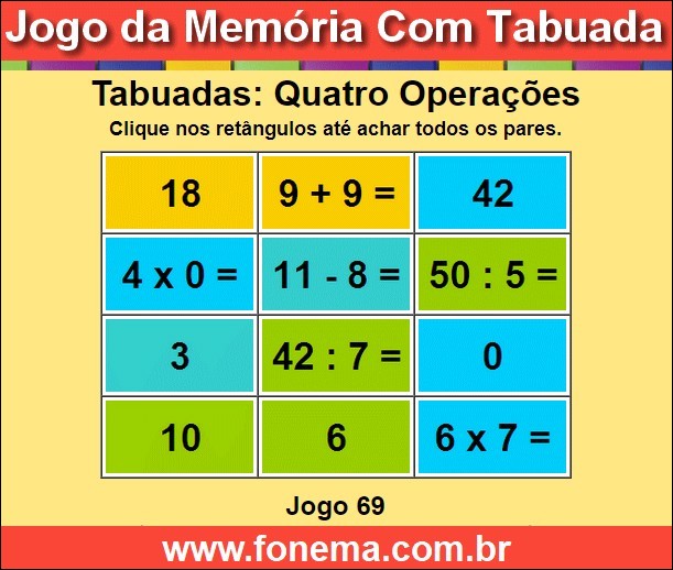 Jogo da Memória Com Tabuadas de Somar, Subtrair, Multiplicar e Dividir