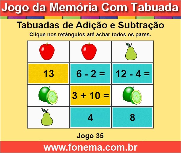 Jogo da Memória Com Tabuadas de Subtração e Adição