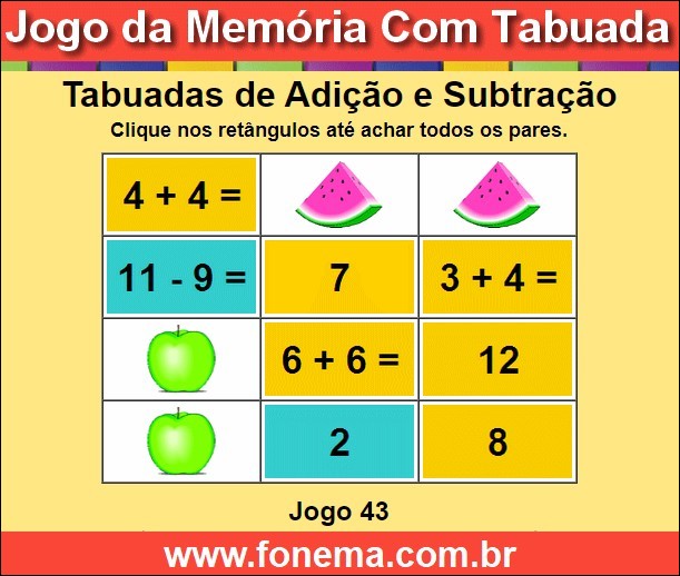 Jogo da Memória Com Tabuadas de Subtrair e Somar