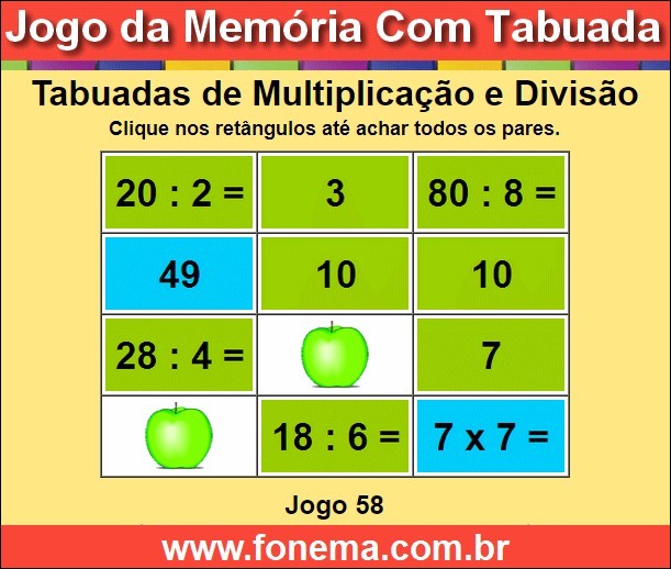 Jogo da Memória Tabuadas de Dividir e Multiplicar