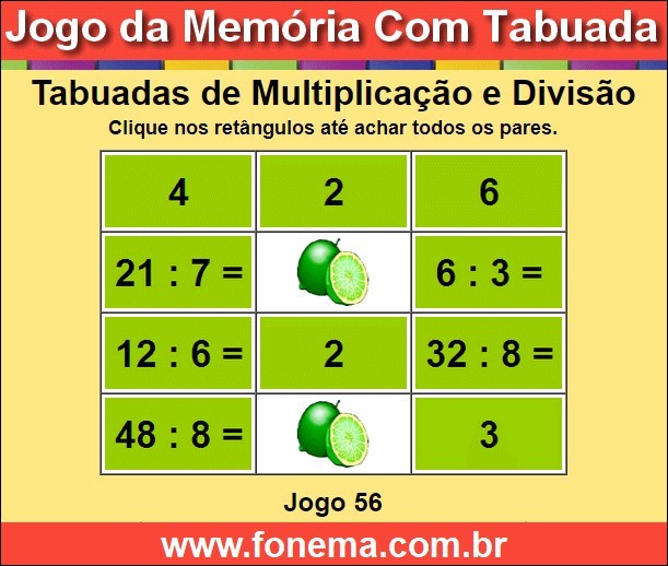 Jogo da Memória Tabuadas de Multiplicar e Dividir