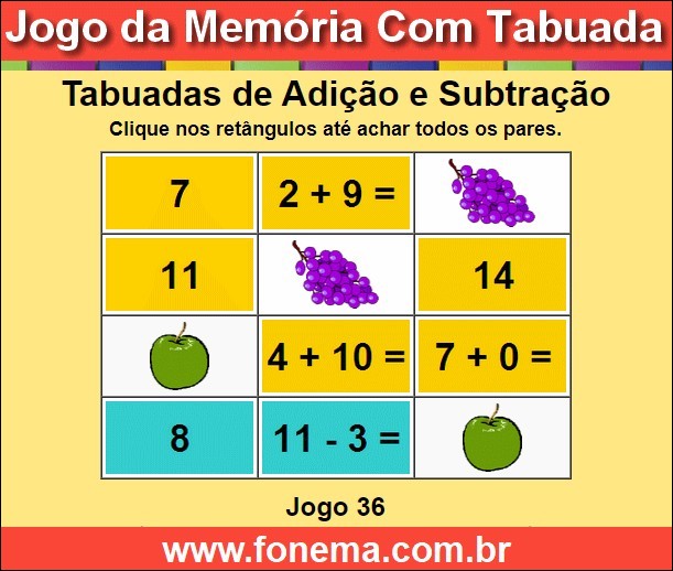 Jogo da Memória Tabuadas de Subtração e Adição