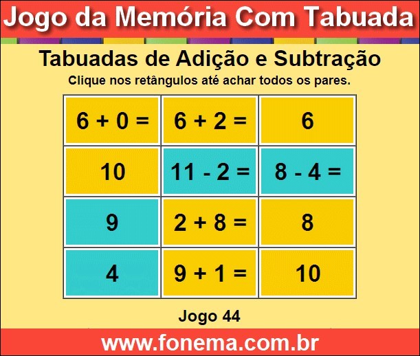 Jogo da Memória Tabuadas de Subtrair e Somar